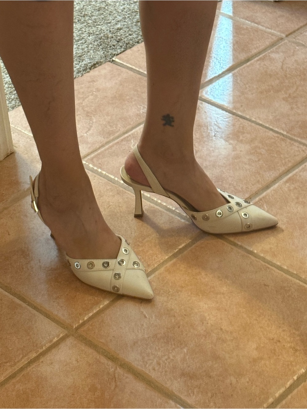 Jessica Simpson Cream Pointed Slingback Heels with Grommet Trim